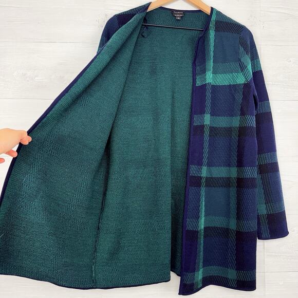 Talbots Pure Merino Wool Cardigan Large Green Tartan Plaid Preppy Open Front - Picture 6 of 15